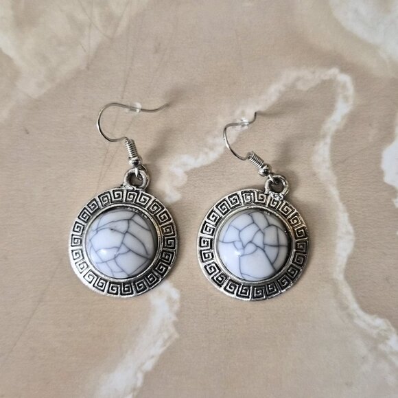 VTG Tibetan Silver Earrings with White Turquoise Look Greek Key Design Tribal - Picture 1 of 3